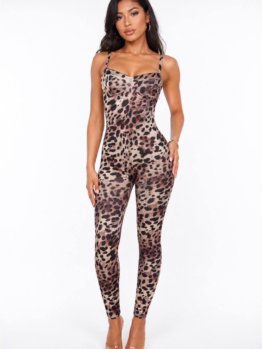 Leopard Print Stretch Jumpsuit - Brown